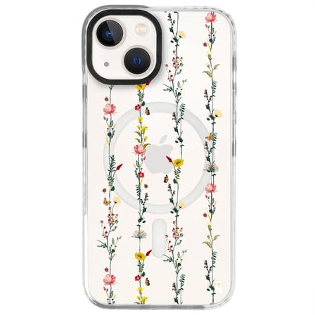iPhone 13 Yanları Beyaz Magsafe Arty Şeffaf Floral Stripes Tasarımlı Premium Kılıf