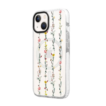 iPhone 13 Yanları Beyaz Magsafe Arty Şeffaf Floral Stripes Tasarımlı Premium Kılıf