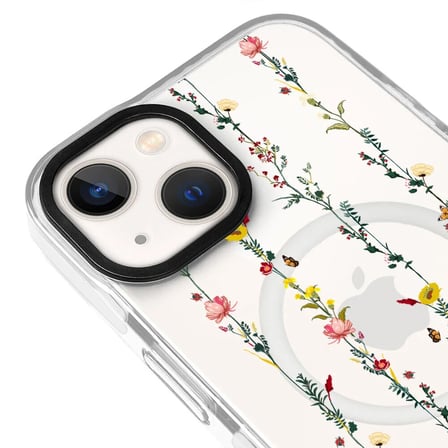 iPhone 13 Yanları Beyaz Magsafe Arty Şeffaf Floral Stripes Tasarımlı Premium Kılıf