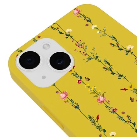 iPhone 15 Plus Sarı Lansman Renkli Silikon Floral Stripes Tasarımlı Kamera Korumalı Telefon Kılıf