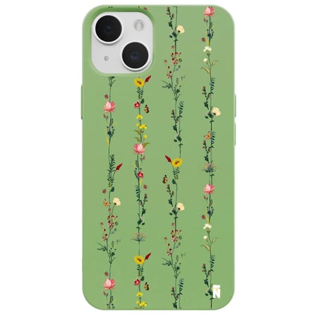 iPhone 14 Plus Yeşil Lansman Renkli Silikon Floral Stripes Tasarımlı Kamera Korumalı Telefon Kılıf