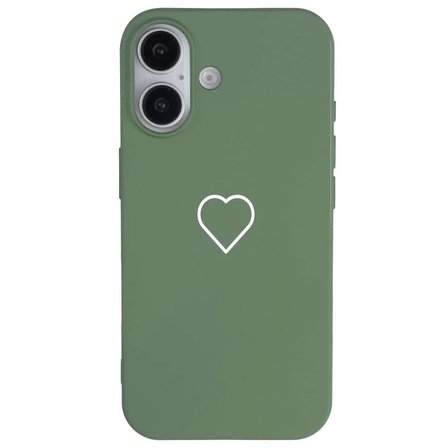 iPhone 16 Plus Yeşil Lansman Renkli Silikon Beyaz Kalp Desenli Kamera Korumalı Kılıf