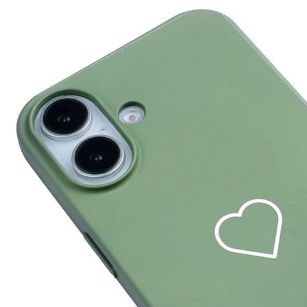 iPhone 16 Plus Yeşil Lansman Renkli Silikon Beyaz Kalp Desenli Kamera Korumalı Kılıf