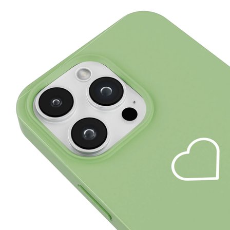 iPhone 15 Pro Yeşil Lansman Renkli Silikon Beyaz Kalp Desenli Kamera Korumalı Kılıf