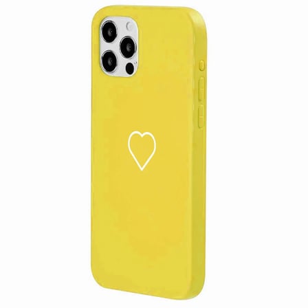 iPhone 14 Pro Max Sarı Lansman Renkli Silikon Beyaz Kalp Desenli Kamera Korumalı Kılıf