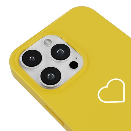 iPhone 14 Pro Max Sarı Lansman Renkli Silikon Beyaz Kalp Desenli Kamera Korumalı Kılıf