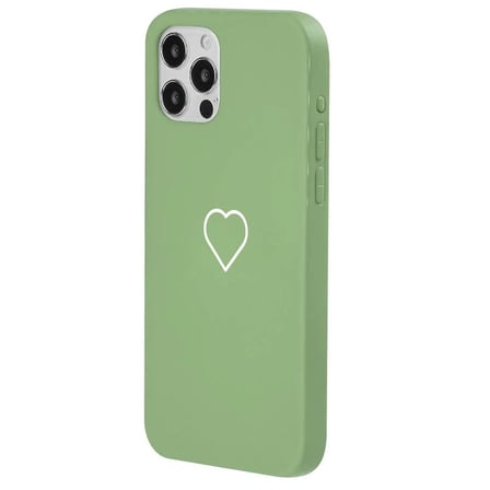 iPhone 12 Pro Max Yeşil Lansman Renkli Silikon Beyaz Kalp Desenli Kamera Korumalı Kılıf