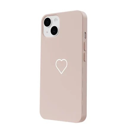 iPhone 14 Pudra Lansman Renkli Silikon Beyaz Kalp Desenli Kamera Korumalı Kılıf