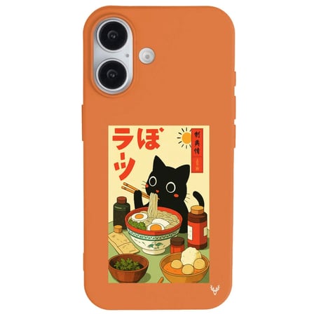 iPhone 16 Plus Turuncu Lansman Renkli Silikon Black Cat Tasarımlı Telefon Kılıfı