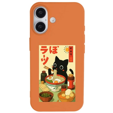 iPhone 16 Turuncu Lansman Renkli Silikon Black Cat Tasarımlı Telefon Kılıfı
