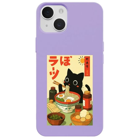iPhone 15 Plus Lila Lansman Renkli Silikon Black Cat Tasarımlı Telefon Kılıfı