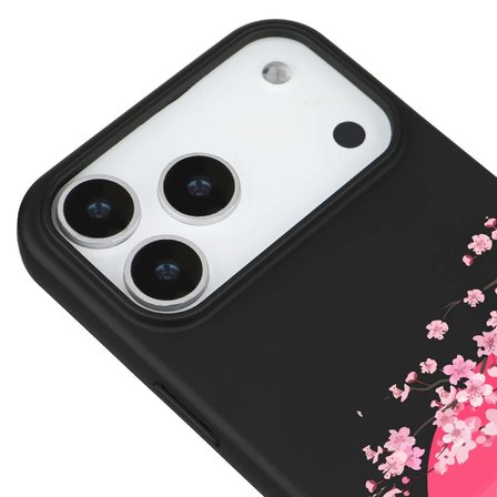 iPhone 17 Pro Max Siyah Lansman Sakura Renkli Silikon Kılıfı