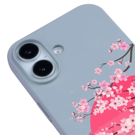 iPhone 16 Plus Mavi Lansman Sakura Renkli Silikon Kılıfı