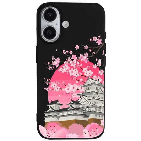iPhone 16 Siyah Lansman Sakura Renkli Silikon Kılıfı