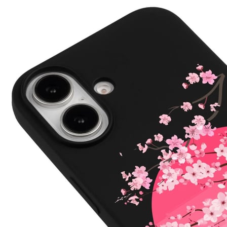 iPhone 16 Siyah Lansman Sakura Renkli Silikon Kılıfı