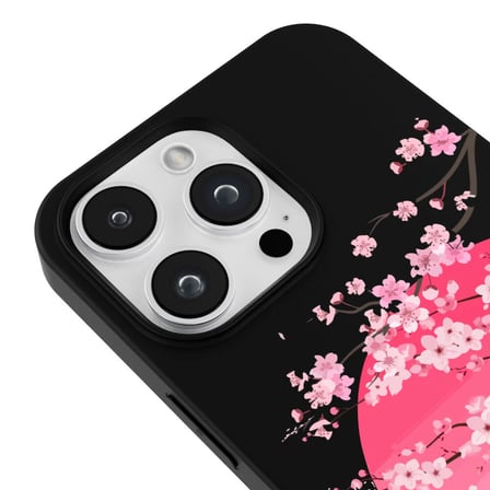 iPhone 13 Pro Siyah Lansman Sakura Renkli Silikon Kılıfı