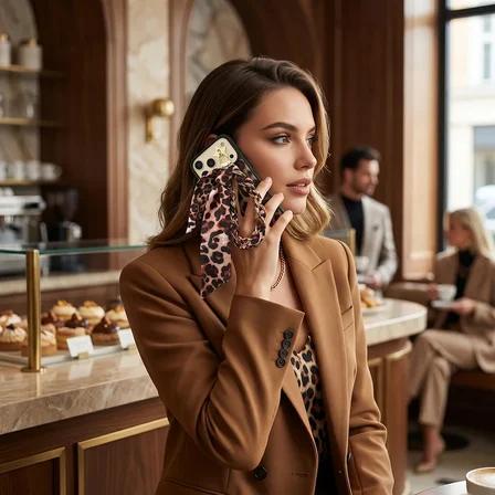 Universal Zincirli Fular Yapışkanlı ve Klipsli Telefon Çanta Bavul Aksesuarı Leopar