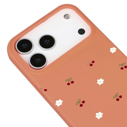 iPhone 17 Pro Max Turuncu Lansman Renkli Silikon Kiraz ve Çiçek Desenli Kamera Korumalı Kılıf