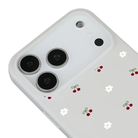 iPhone 17 Pro Max Beyaz Lansman Renkli Silikon Kiraz ve Çiçek Desenli Kamera Korumalı Kılıf