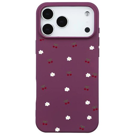 iPhone 17 Pro Max Bordo Lansman Renkli Silikon Kiraz ve Çiçek Desenli Kamera Korumalı Kılıf