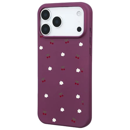 iPhone 17 Pro Max Bordo Lansman Renkli Silikon Kiraz ve Çiçek Desenli Kamera Korumalı Kılıf