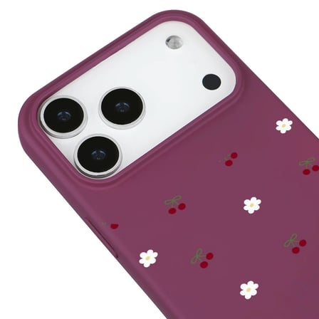 iPhone 17 Pro Max Bordo Lansman Renkli Silikon Kiraz ve Çiçek Desenli Kamera Korumalı Kılıf
