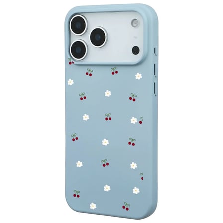 iPhone 17 Pro Bebe Mavisi Lansman Renkli Silikon Kiraz ve Çiçek Desenli Kamera Korumalı Kılıf