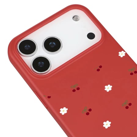 iPhone 17 Pro Kırmızı Lansman Renkli Silikon Kiraz ve Çiçek Desenli Kamera Korumalı Kılıf