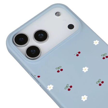 iPhone 17 Pro Mor Lansman Renkli Silikon Kiraz ve Çiçek Desenli Kamera Korumalı Kılıf