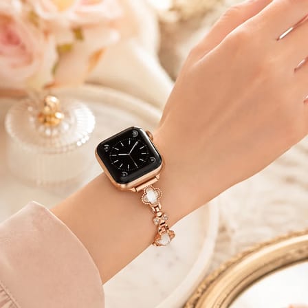 Watch Saat 44mm Rose Gold Taşlı Yonca Tasarımlı Şık Taşlı Kordon