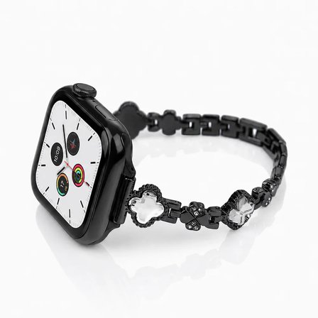 Watch Saat 42mm Siyah Taşlı Yonca Tasarımlı Şık Taşlı Kordon
