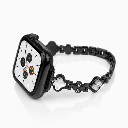 Watch Saat 49mm Siyah Taşlı Yonca Tasarımlı Şık Taşlı Kordon