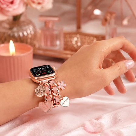 Watch Saat 44mm Rose Gold Kalp ve Çiçek Tasarımlı Şık Kordon