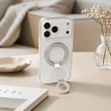 Universal Simli Gümüş 3 Kademeli Katlanabilir MagSafe Telefon Standı