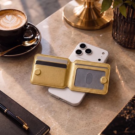 MagSafe Uyumlu Mıknatıslı Katlanabilir Gold Deri Cüzdan ve Kartlık