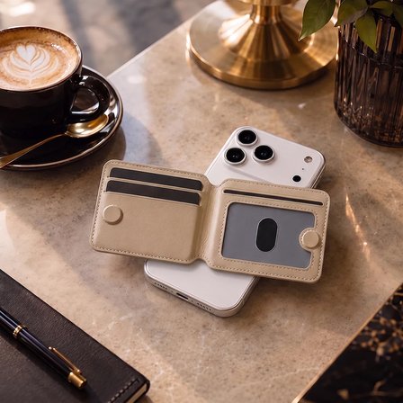 MagSafe Uyumlu Mıknatıslı Katlanabilir Krem Deri Cüzdan ve Kartlık