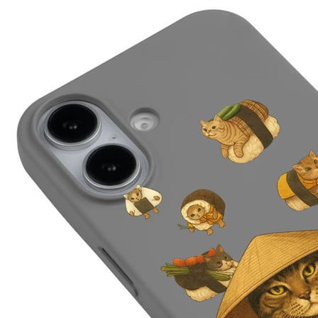 iPhone 17 Gri Kedi Tasarımlı Gimbap Cat Renkli Silikon Telefon Kılıfı