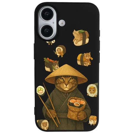 iPhone 16 Plus Siyah Kedi Tasarımlı Gimbap Cat Renkli Silikon Telefon Kılıfı