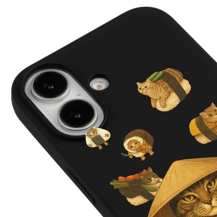 iPhone 16 Plus Siyah Kedi Tasarımlı Gimbap Cat Renkli Silikon Telefon Kılıfı