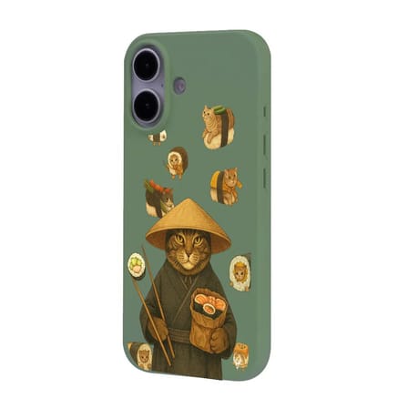 iPhone 16 Plus Yeşil Kedi Tasarımlı Gimbap Cat Renkli Silikon Telefon Kılıfı