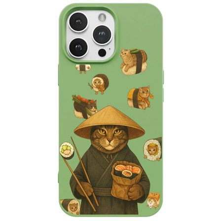 iPhone 16 Pro Max Yeşil Kedi Tasarımlı Gimbap Cat Renkli Silikon Telefon Kılıfı