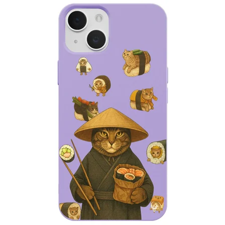iPhone 15 Plus Lila Kedi Tasarımlı Gimbap Cat Renkli Silikon Telefon Kılıfı