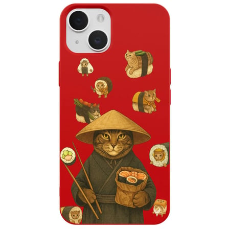 iPhone 14 Plus Kırmızı Kedi Tasarımlı Gimbap Cat Renkli Silikon Telefon Kılıfı