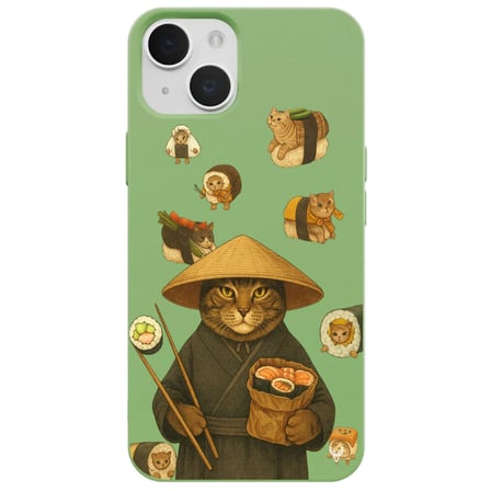 iPhone 13 Yeşil Kedi Tasarımlı Gimbap Cat Renkli Silikon Telefon Kılıfı