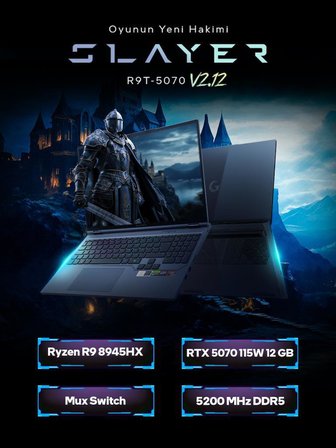 Game Garaj Slayer R9T-5070 V2.12 C7 AMD Ryzen 9 8945HX 16GB RAM 1TB SSD RTX5070 16" 300Hz QHD+ IPS FreeDOS Gaming Laptop