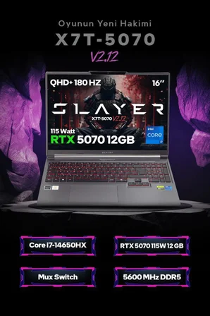 Game Garaj Slayer X7T-5070 V2.12 C2 Intel Core i7 14650HX 32GB RAM 1TB SSD RTX5070 16" 180Hz QHD+ IPS FreeDOS Gaming Laptop