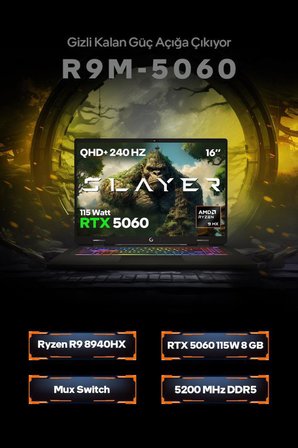 Game Garaj Slayer R9M-5060 C8 AMD R9 8940HX 16GB RAM 500GB SSD RTX5060 16" 240Hz QHD+ IPS FreeDOS Gaming Laptop