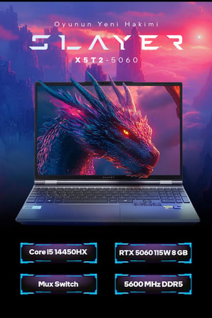 Game Garaj Slayer X5T2-5060 C2 Intel Core i5 14450HX 16GB RAM 1TB SSD RTX5060 16" 165Hz WUXGA IPS FreeDOS Gaming Laptop