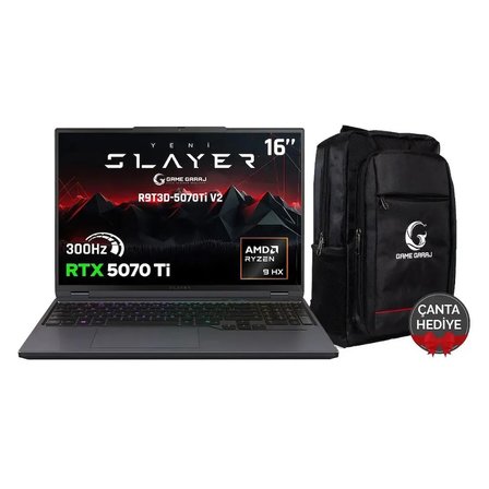 Game Garaj Slayer R9T3D-5070Ti V2 C3 AMD Ryzen 9 9955HX3D 32GB RAM 1TB SSD RTX5070Ti 16" 300Hz QHD+ IPS FreeDOS Gaming Laptop