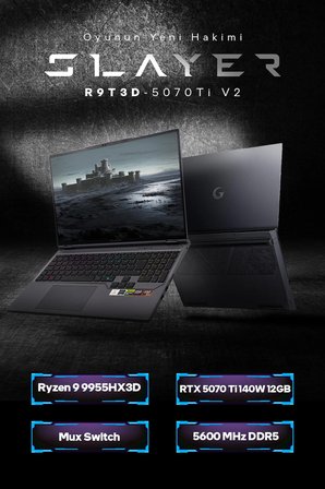 Game Garaj Slayer R9T3D-5070Ti V2 C5 AMD Ryzen 9 9955HX3D 32GB RAM 2TB SSD RTX5070Ti 16" 300Hz QHD+ IPS FreeDOS Gaming Laptop